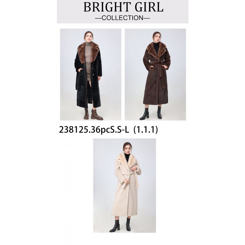 238125 Women's Long Faux Fur Coat with Oversized Collar