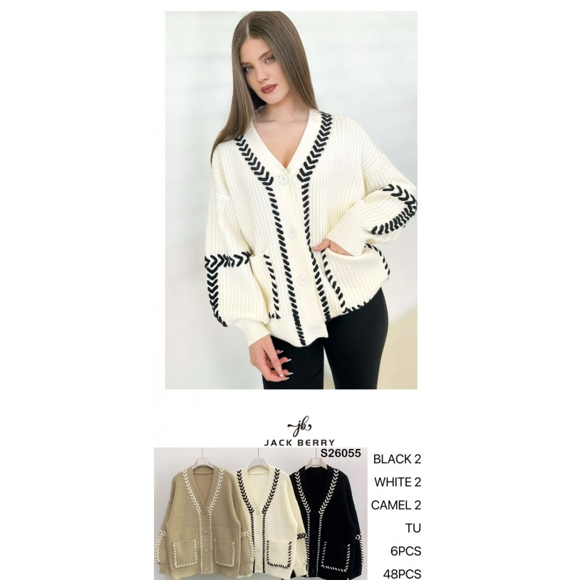 S26055 - Women’s Chunky Knit Cardigan with Contrast Detailing